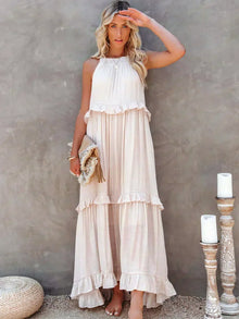 Boho Maxikleid mit Volants & Neckholder-Ausschnitt – Sommerlich & Feminin – Beige