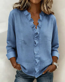 Brinae - Bluse mit weicher Haptik und langen Rüschenbesätzen am V-Ausschnitt – Blau