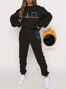 Pullover Mit Rundhals Und Herzschlagdruck & Jogginghose Für Damen | Ideal für Herbst/Winter – Schwarz