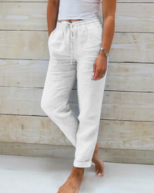 Leinenhose mit elastischem Bund und Kordelzug für Damen - Helga – Weiß