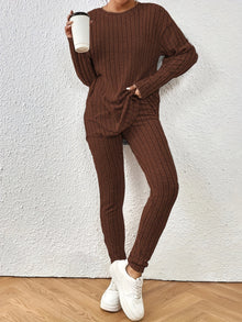 Lässiges Langarm-Crewneck-Oberteil Und High-Waist-Skinny-Hosen-Set Für Damen | Ideal für Outdoor-Aktivitäten – Braun
