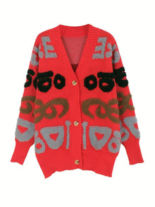 Stilvolle Buchstabenmuster Strickjacke Für Damen | Ideal für den Alltag – Rot