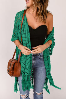 Gehäkelte Strickjacke | Fransen-Details | Boho-Chic – Grün