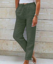 Leinenhose mit elastischem Bund und Kordelzug für Damen - Helga – Militärgrün