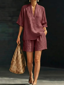 Silvani - Lässiges Set Aus Baumwoll Top Mit V-ausschnitt Und Shorts – Rot