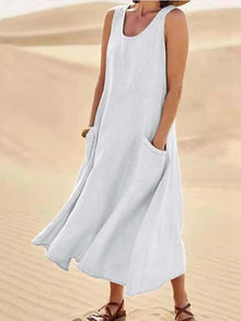 Damen Ärmelloses Midi-Kleid mit Rundhalsausschnitt und Fronttaschen – Weiß