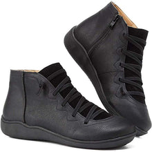 Greta | Damen Ankle Boots Schnürung Reißverschluss flache Sohle Stiefeletten – Schwarz