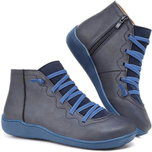 Greta | Damen Ankle Boots Schnürung Reißverschluss flache Sohle Stiefeletten – Blau