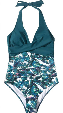 Damen-Badeanzug mit Nackenträger, V-Ausschnitt und Blattmuster – Blau
