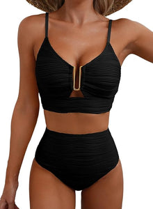 Damen-Bikini mit strukturierter Oberfläche und U-förmigem Metallelement – Schwarz