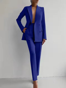 Eleganter zweiteiliger Damenanzug mit Blazer und Plisseehose – Blau