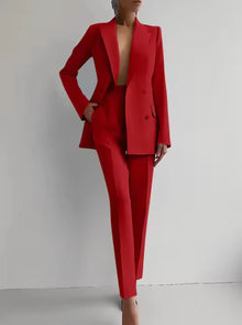 Eleganter zweiteiliger Damenanzug mit Blazer und Plisseehose – Rot