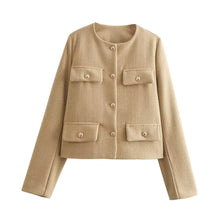 Damen Kurzjacke mit Knopfdetails und geradem Schnitt – Sandbeige