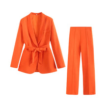 Damen Blazer- und Hosen-Set mit Bindegürtel – Orange