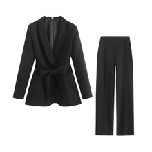Damen Blazer- und Hosen-Set mit Bindegürtel – Schwarz