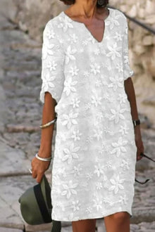 Elisabeth | Damen Blumen V-Ausschnitt Abendkleid Midi Elegant – Weiß
