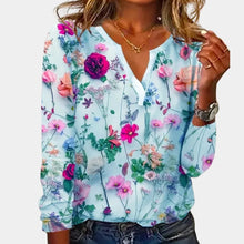 Damen Bluse mit floralem Muster und V-Ausschnitt – Blau