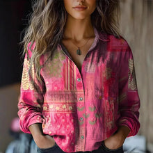 Frieda | Damen Boho Bluse Langarm geknöpft mit Blumenmuster – Rosa