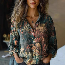 Frieda | Damen Boho Bluse Langarm geknöpft mit Blumenmuster – Dunkelgrün
