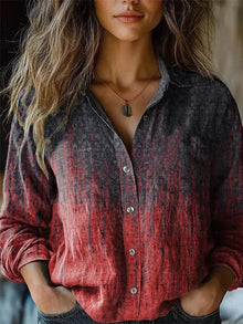 Frieda | Damen Boho Bluse Langarm geknöpft mit Blumenmuster – Rot-Dunkelgrau