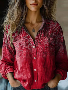 Frieda | Damen Boho Bluse Langarm geknöpft mit Blumenmuster – Tiefrot