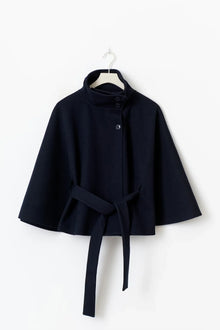 Damen Cape-Mantel mit Stehkragen und Gürtelbindung – Blau