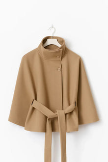 Damen Capejacke mit Stehkragen und Bindegürtel – Beige