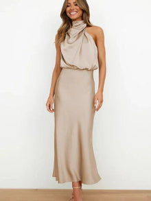 Emilia | Damen Cocktailkleid Satin Midi Halterneck Abendkleid elegant – Beige