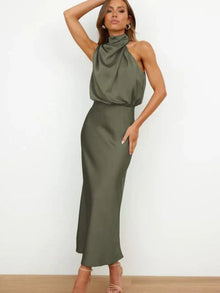 Emilia | Damen Cocktailkleid Satin Midi Halterneck Abendkleid elegant – Grün