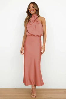 Emilia | Damen Cocktailkleid Satin Midi Halterneck Abendkleid elegant – Rosa