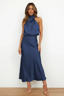 Emilia | Damen Cocktailkleid Satin Midi Halterneck Abendkleid elegant – Blau