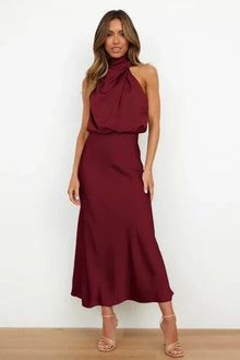 Emilia | Damen Cocktailkleid Satin Midi Halterneck Abendkleid elegant – Rot