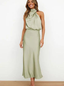 Emilia | Damen Cocktailkleid Satin Midi Halterneck Abendkleid elegant – Armeégrün