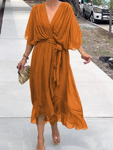 Frieda | Damen Cocktailparty-Kleid Elegantes Chiffon Midi V-Ausschnitt Bindegürtel – Orange