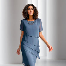 Charlotte | Damen Cocktailparty-Kleid geschichtetes Chiffon Kurzarm Abendkleid – Blau