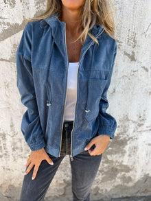 Johanna | Damen Cord Kapuzenjacke mit Reißverschluss Oversized Freizeitjacke – Blau