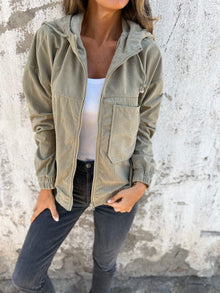 Johanna | Damen Cord Kapuzenjacke mit Reißverschluss Oversized Freizeitjacke – Grün