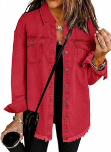 Damen Denimjacke mit Fransen und Knopfleiste – Rosa
