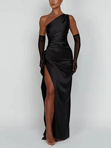 Damen Einschultriges Maxikleid mit Seitenschlitz und Raffung an der Taille – Schwarz