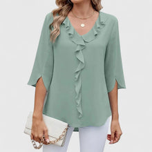 Clara | Damen elegante Rüschen-Bluse mit V-Ausschnitt 3/4-Arm – Grün