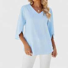 Clara | Damen elegante Rüschen-Bluse mit V-Ausschnitt 3/4-Arm – Klassisch Blau