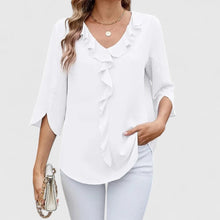 Clara | Damen elegante Rüschen-Bluse mit V-Ausschnitt 3/4-Arm – Weiß