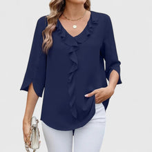 Clara | Damen elegante Rüschen-Bluse mit V-Ausschnitt 3/4-Arm – Blau