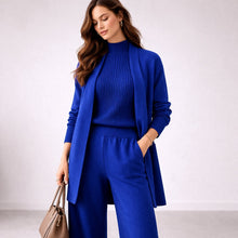 Marlene | Damen Elegantes Dreiteiling Strick-Loungewear-Set Abendkleid-Stil – Blau