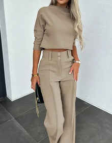 Damen elegantes zweiteiliges Set mit Crop Top und Hose mit weitem Bein – Khaki