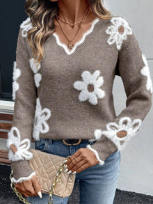 Hannah | Damen Floral V-Ausschnitt Knit Sweater mit Gänseblümchen-Muster – Khaki