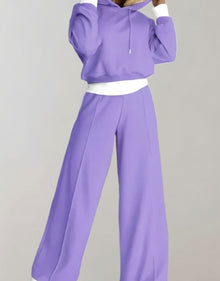 Emilia | Damen Freizeit Hoodie Jogginganzug Set Crop Kapuzenpullover Weite Hose – Lila