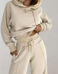 Emilia | Damen Freizeit Hoodie Jogginganzug Set Crop Kapuzenpullover Weite Hose – Beige