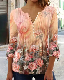 Greta | Damen Geblümte Henley-Bluse Relaxed Fit Lange Ärmel Rosenprint – Orange