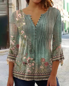 Greta | Damen Geblümte Henley-Bluse Relaxed Fit Lange Ärmel Rosenprint – Grün